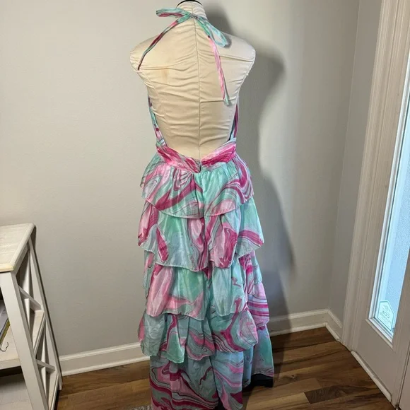 NWT OLIVACEOUS Candy Swirl Pink & Green Tiered Maxi Dress Halter Neck Sz Large - Picture 6 of 10